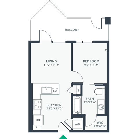 Floor plan for 1 bed, 1 bath, 563 sqft